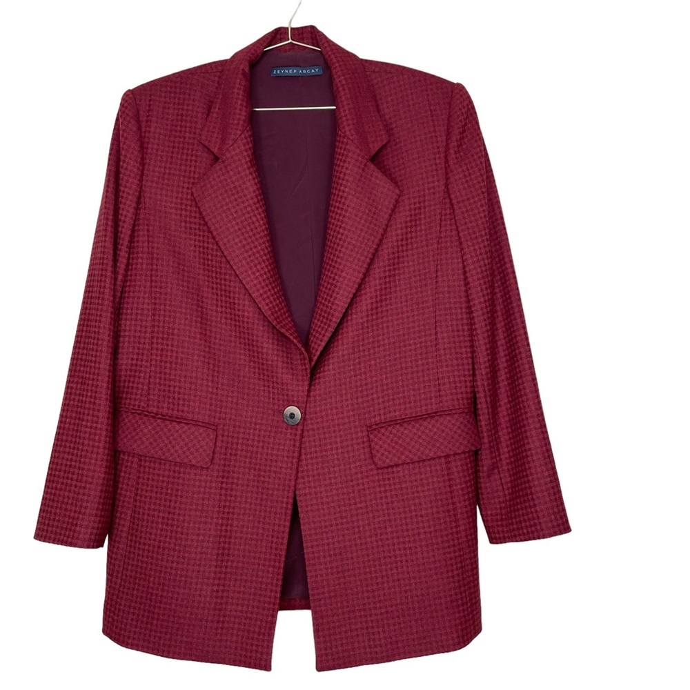 Zeynep Arcay Loro Piana Wool Oversized Boyfriend Blazer Red Plaid Size 8